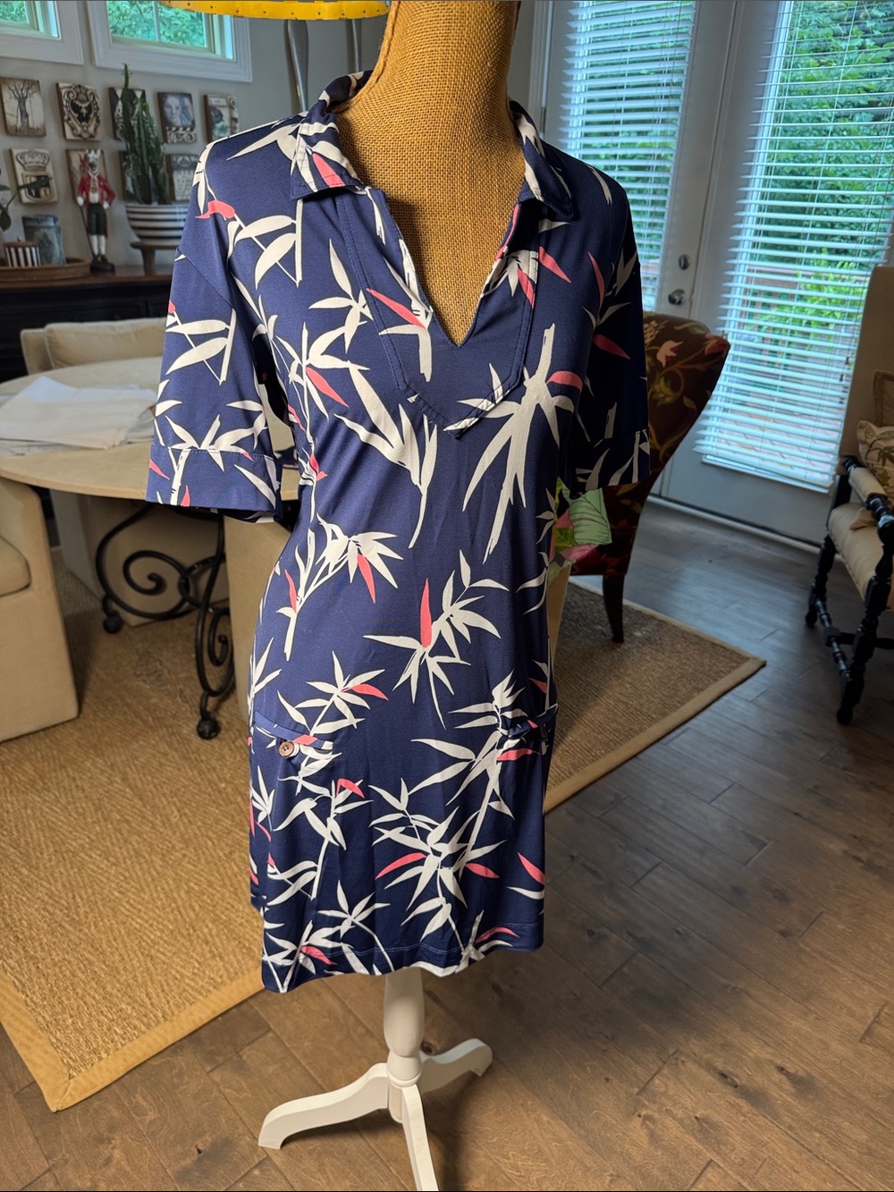 Tori Richard Navy Swim Cover-Up dress with White and Pink Tropical Print